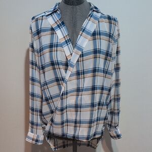 Women's Plaid Button Down Shirt - Blue and Tan